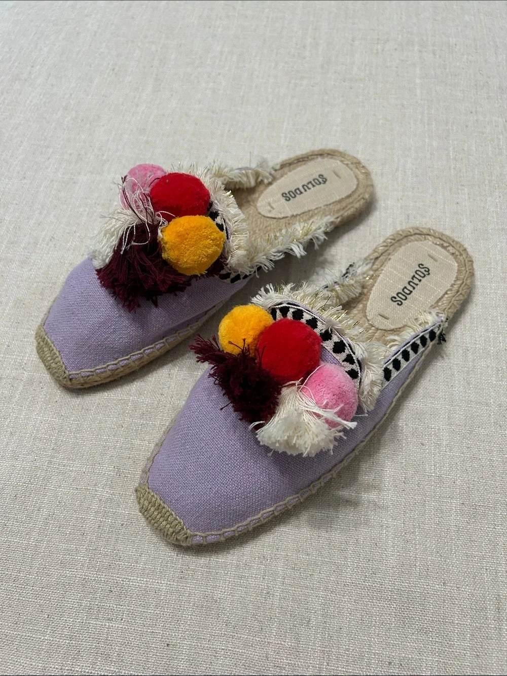 Soludos Coco Espadrille Slides Lavender Pom Pom Bohemian Tassel Summer Jute Sz 8